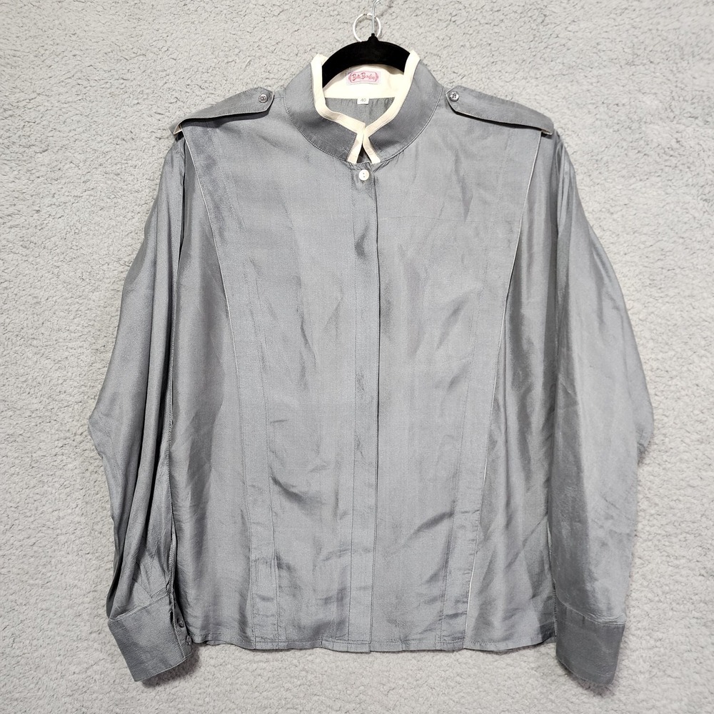 Betty Barclay Vintage Womens Silk Long Sleeve Gray Epaulettes Blouse Size‎ 40